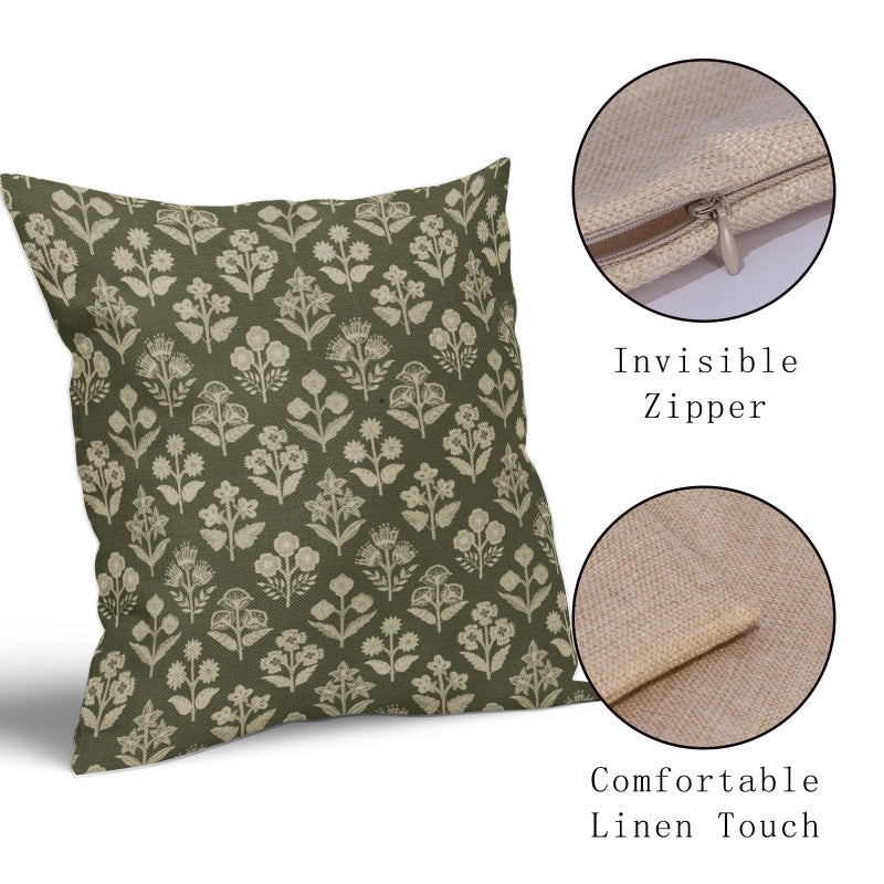 Sivirary Olive Green Floral Block Print Pillow Covers 18x18 Inch Set of 2, Vintage Flower Pattern Decorative Throw Pillowcases Outdoor Farmhouse Cushion Covers Spring Summer Rustic Sofa Couch Bed Decor - Image 4