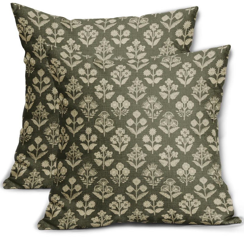 Sivirary Olive Green Floral Block Print Pillow Covers 18x18 Inch Set of 2, Vintage Flower Pattern Decorative Throw Pillowcases Outdoor Farmhouse Cushion Covers Spring Summer Rustic Sofa Couch Bed Decor - Image 1