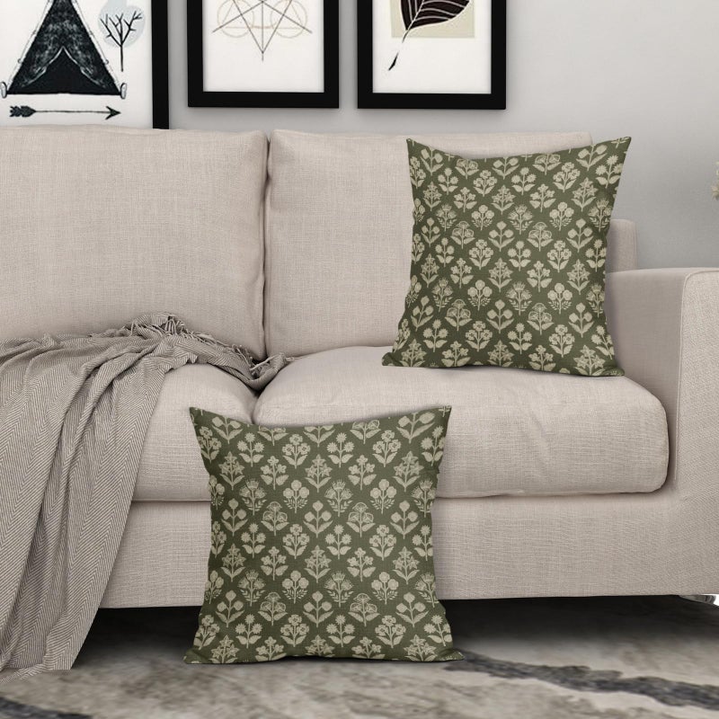 Sivirary Olive Green Floral Block Print Pillow Covers 18x18 Inch Set of 2, Vintage Flower Pattern Decorative Throw Pillowcases Outdoor Farmhouse Cushion Covers Spring Summer Rustic Sofa Couch Bed Decor - Image 3