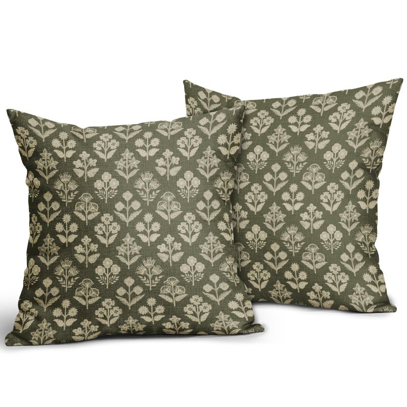 Sivirary Olive Green Floral Block Print Pillow Covers 18x18 Inch Set of 2, Vintage Flower Pattern Decorative Throw Pillowcases Outdoor Farmhouse Cushion Covers Spring Summer Rustic Sofa Couch Bed Decor - Image 2