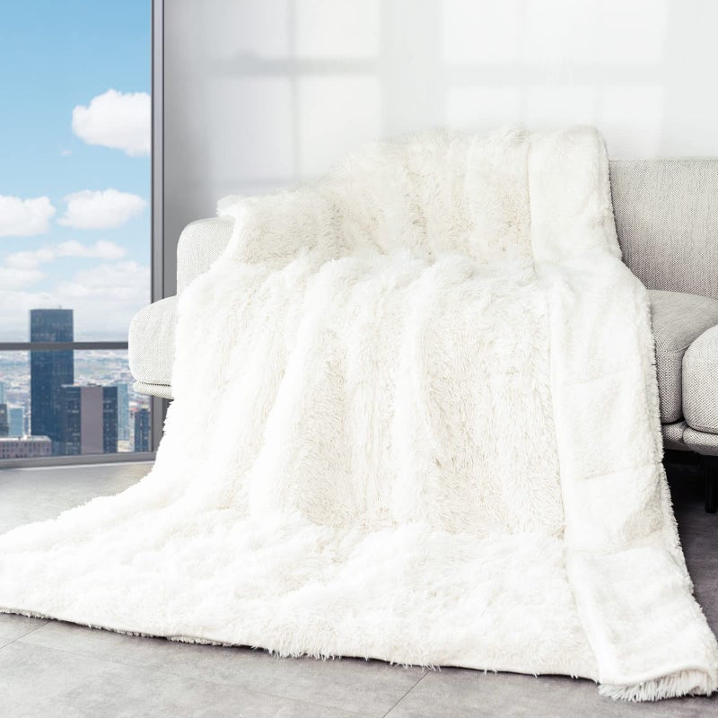 Cottonblue Weighted Blanket 15lbs Sherpa Faux Fur Reversible Luxury Snugly Long Fur Warm Heavy Blanket 60x80 inchesSuper Soft Fuzzy Fleece Blanket for Better Sleep Cream White