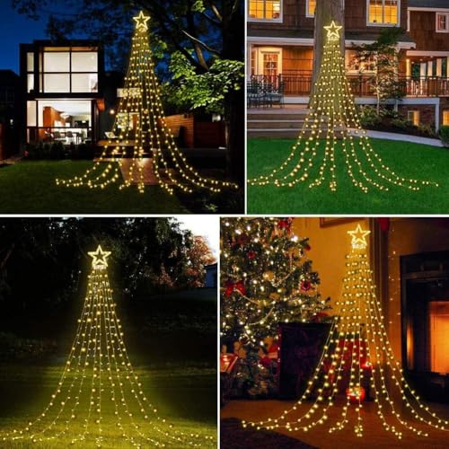 MIRADH Christmas Decoration Lights, Outdoor Christmas String Lights 180 LED Waterfall Tree Lights with Big Star Topper 8 Light Modes for New Year Holiday Garden Yard Indoor Outdoor Decor - Image 5