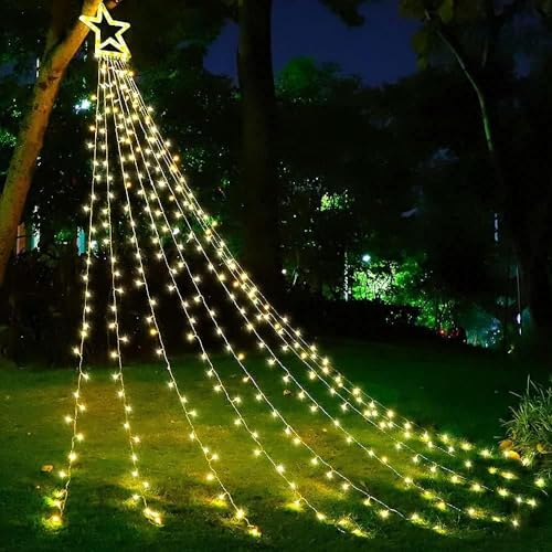 MIRADH Christmas Decoration Lights, Outdoor Christmas String Lights 180 LED Waterfall Tree Lights with Big Star Topper 8 Light Modes for New Year Holiday Garden Yard Indoor Outdoor Decor - Image 2