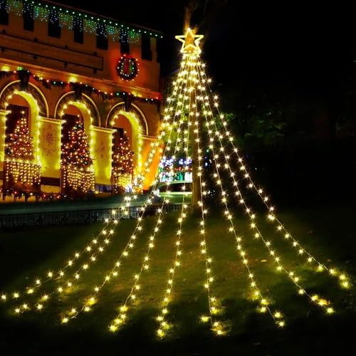 MIRADH Christmas Decoration Lights, Outdoor Christmas String Lights 180 LED Waterfall Tree Lights with Big Star Topper 8 Light Modes for New Year Holiday Garden Yard Indoor Outdoor Decor - Image 3