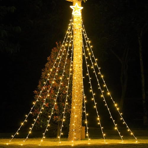 MIRADH Christmas Decoration Lights, Outdoor Christmas String Lights 180 LED Waterfall Tree Lights with Big Star Topper 8 Light Modes for New Year Holiday Garden Yard Indoor Outdoor Decor - Image 1