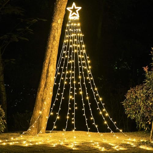 MIRADH Christmas Decoration Lights, Outdoor Christmas String Lights 180 LED Waterfall Tree Lights with Big Star Topper 8 Light Modes for New Year Holiday Garden Yard Indoor Outdoor Decor - Image 4