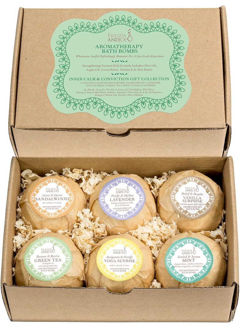 Freida and Joe - Home Spa Gift Basket Calming Relaxation Aromatherapy Bath Bombs 6 Refreshing Aromatic Scents to Moisturize Revitalize Rejuvenate Mind Body  Soul - Image 1