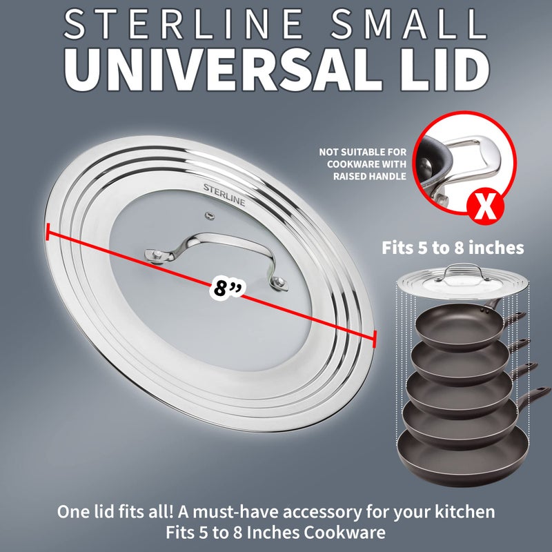 Sterline Small Universal Lid,Fits 5,8 Inch Cookware,Tempered Glass Top with Steam Vent for Pots, Pan, and Cast Iron Skillets,Stainless Steel Replacement Pot Lid for Kitchen Organizing, Space Saving - Image 2