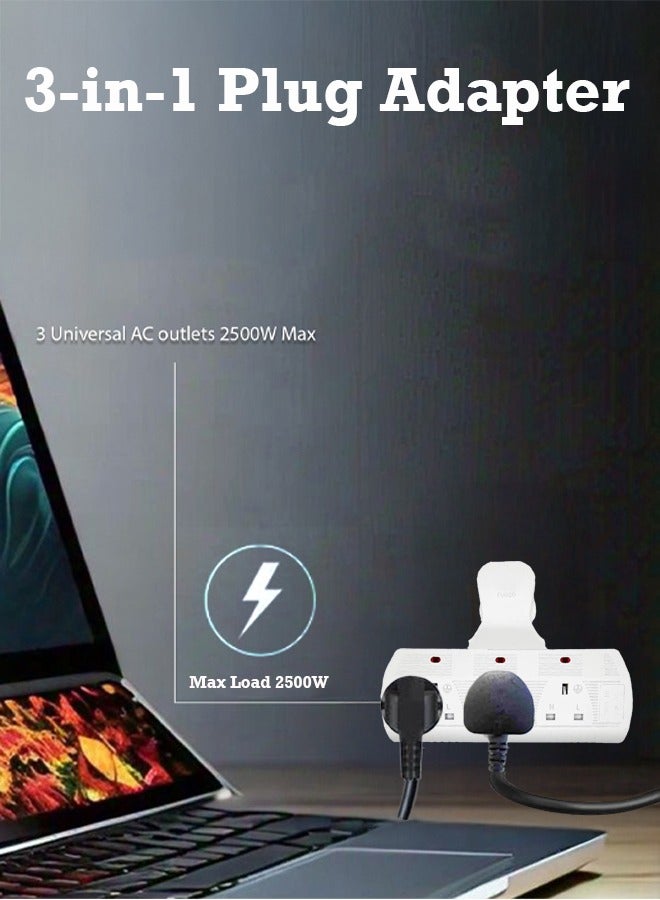 3 Way Plug Adapter, Multi Plugs Power Socket Extension,Universal Plug Adapter,Triple Outlet Power Extender with Built in Fuse for Home,Travel,Kitchen And Office Use (White) - Image 3