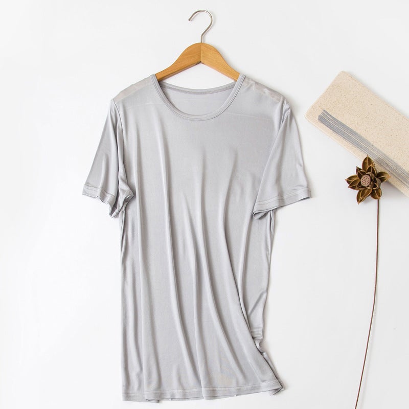 Solid Color Silk Knitted Crewneck T-Shirt Large Size Loose Mulberry Silk Short Sleeve Crewneck T-Shirt Men'S Summer - Image 1