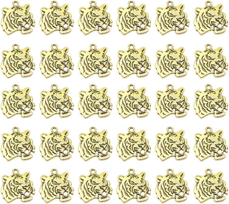 comfrt Tiger Head Charm DIY Pendant Jewelry Making Accessories for Necklace Bracelet Crafts (Golden) 30pcs - Image 1