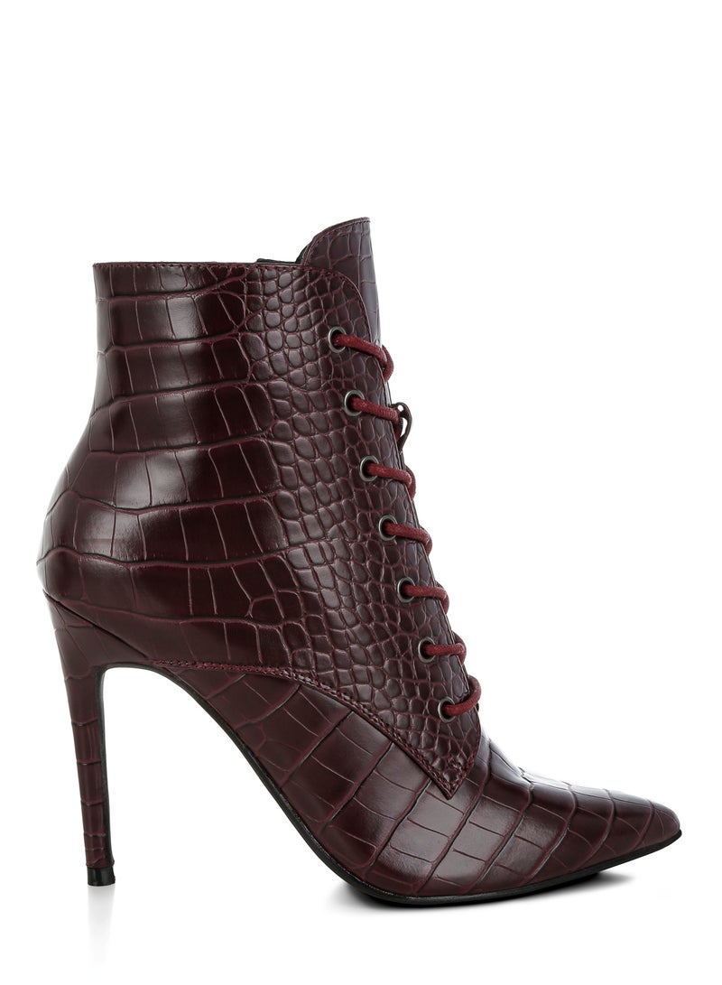 London Rag Croc Lace-Up Stiletto Boot in Dark Burgundy - Image 1