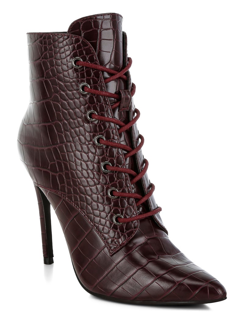 London Rag Croc Lace-Up Stiletto Boot in Dark Burgundy - Image 2