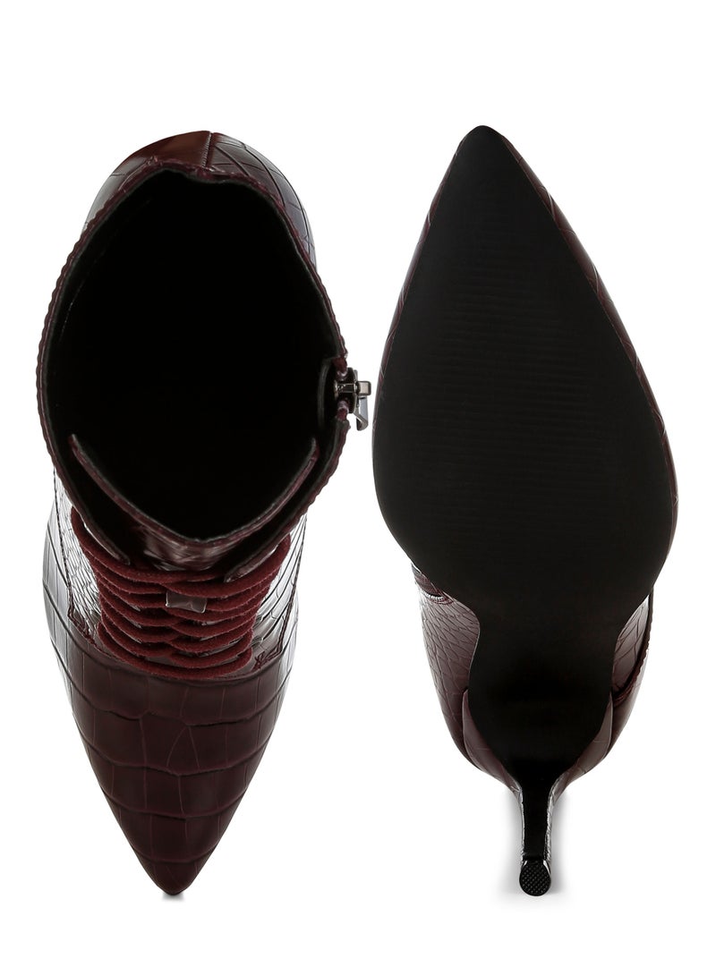 London Rag Croc Lace-Up Stiletto Boot in Dark Burgundy - Image 4