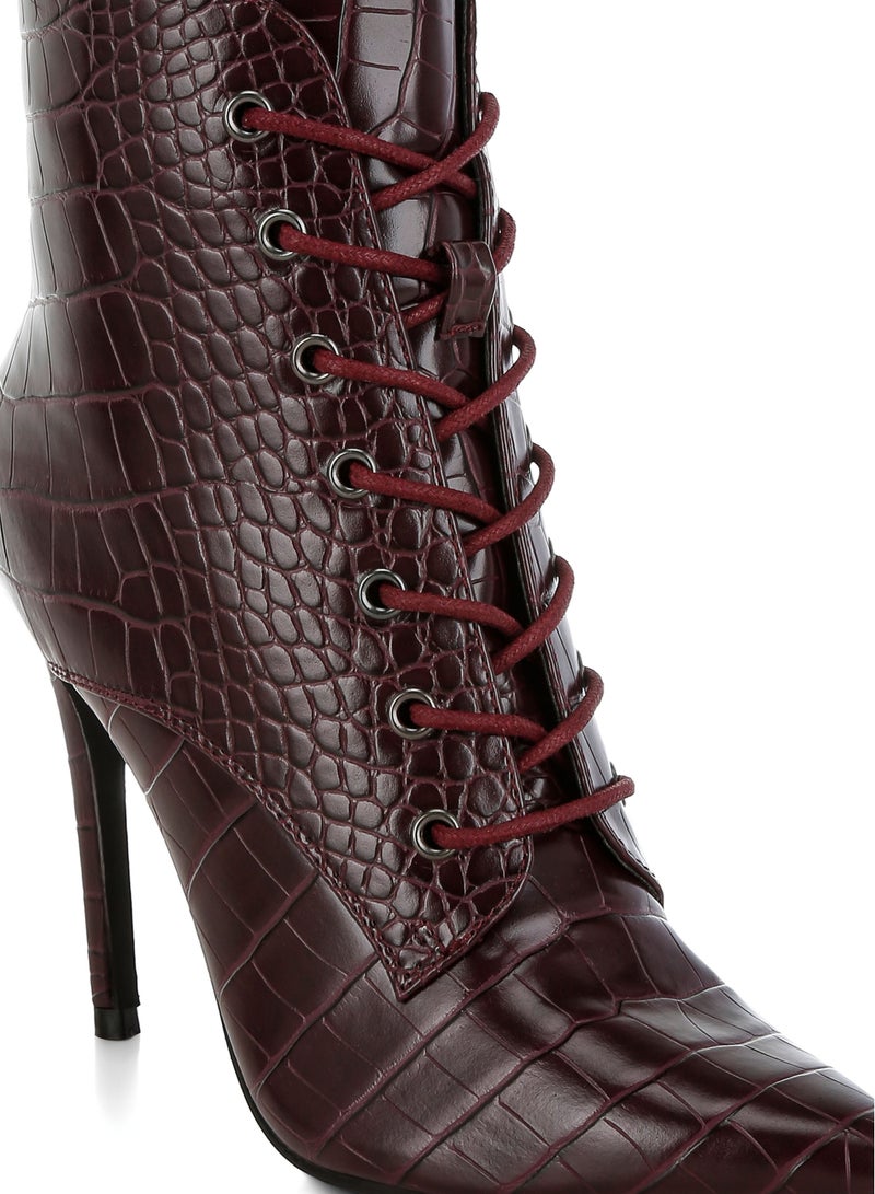 London Rag Croc Lace-Up Stiletto Boot in Dark Burgundy - Image 5