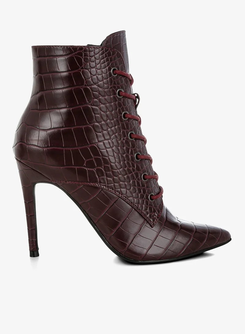 Croc Lace-Up Stiletto Boot in Dark Burgundy