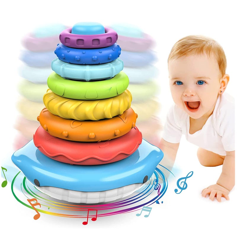 Stacking & Nesting Circle Toy, Infant Rainbow Stacking Rings with Sounds Newborn Toys for 1+ Year Old Boy Girl,Montessori Sensory Squeeze Play with Early Educational Learning Stacking Tower