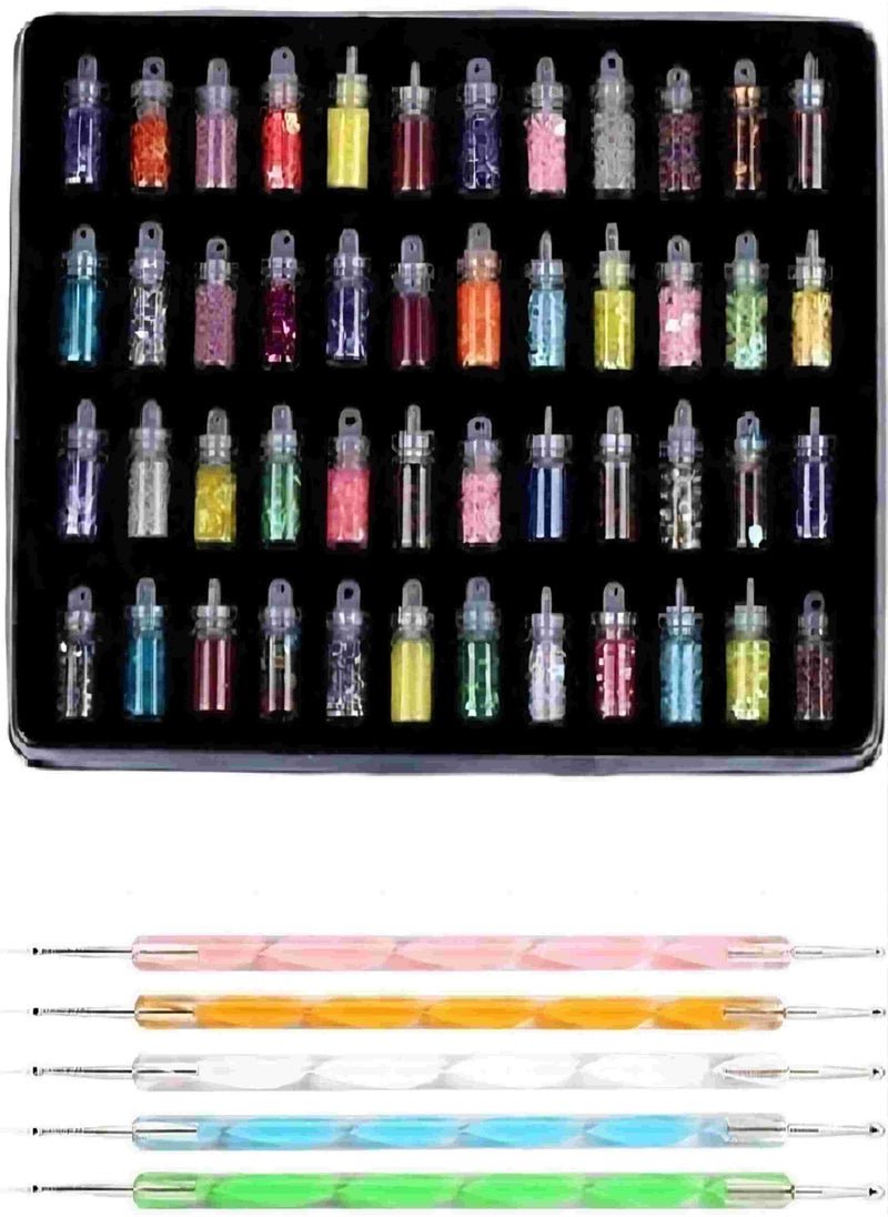 ORiTi ORiTi Nail Art Tools(53 Pcs) - 48 Bottles 3D nail art Glitter Set and 5 Pcs Double Sided Nail Dotting Tool Pen Great gift for Girl, Women  - Image 1