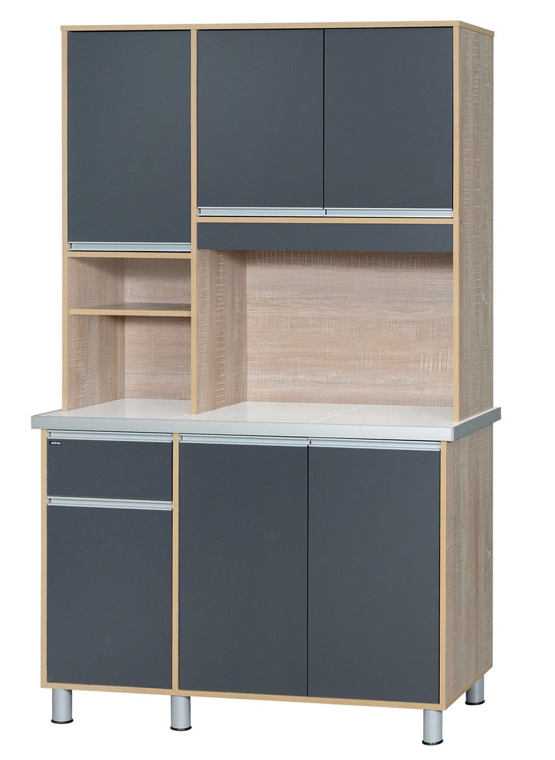 AFT - Modern Storage Cabinet Freestanding Kitchen Pantry Cabinet Microwave Storage Stand with Total of 6-Doors and Drawer Large Storage Space for Kitchen, Dining Room, Living Room. Versatile 3-Door at bottom and 3 doors at top Kitchen Cabinet with Sturdy Tile Top and drawer Stylish Storage Solution. Soft-Closer Doors. Long handles can be straight or slightly curved, adding a modern touch. Consider the handle’s profile to complement your cabinet design. (Dark Gray / Sonoma oak) Arfan Ekol Series - Image 1