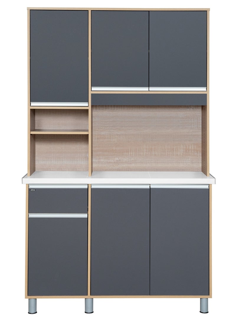 AFT - Modern Storage Cabinet Freestanding Kitchen Pantry Cabinet Microwave Storage Stand with Total of 6-Doors and Drawer Large Storage Space for Kitchen, Dining Room, Living Room. Versatile 3-Door at bottom and 3 doors at top Kitchen Cabinet with Sturdy Tile Top and drawer Stylish Storage Solution. Soft-Closer Doors. Long handles can be straight or slightly curved, adding a modern touch. Consider the handle’s profile to complement your cabinet design. (Dark Gray / Sonoma oak) Arfan Ekol Series - Image 1