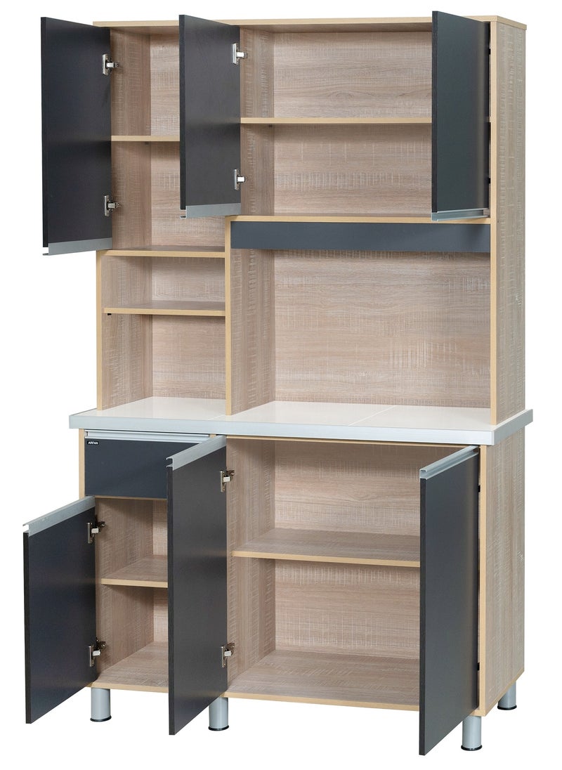AFT - Modern Storage Cabinet Freestanding Kitchen Pantry Cabinet Microwave Storage Stand with Total of 6-Doors and Drawer Large Storage Space for Kitchen, Dining Room, Living Room. Versatile 3-Door at bottom and 3 doors at top Kitchen Cabinet with Sturdy Tile Top and drawer Stylish Storage Solution. Soft-Closer Doors. Long handles can be straight or slightly curved, adding a modern touch. Consider the handle’s profile to complement your cabinet design. (Dark Gray / Sonoma oak) Arfan Ekol Series - Image 1