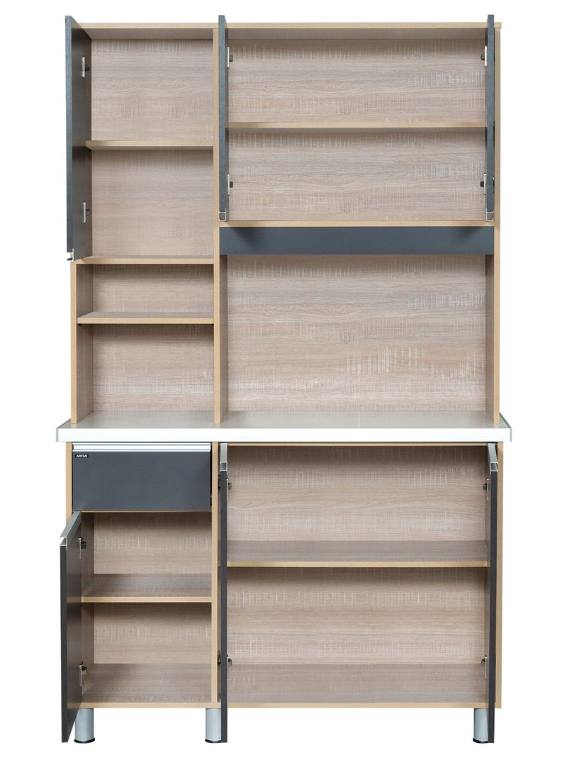 AFT - Modern Storage Cabinet Freestanding Kitchen Pantry Cabinet Microwave Storage Stand with Total of 6-Doors and Drawer Large Storage Space for Kitchen, Dining Room, Living Room. Versatile 3-Door at bottom and 3 doors at top Kitchen Cabinet with Sturdy Tile Top and drawer Stylish Storage Solution. Soft-Closer Doors. Long handles can be straight or slightly curved, adding a modern touch. Consider the handle’s profile to complement your cabinet design. (Dark Gray / Sonoma oak) Arfan Ekol Series - Image 1