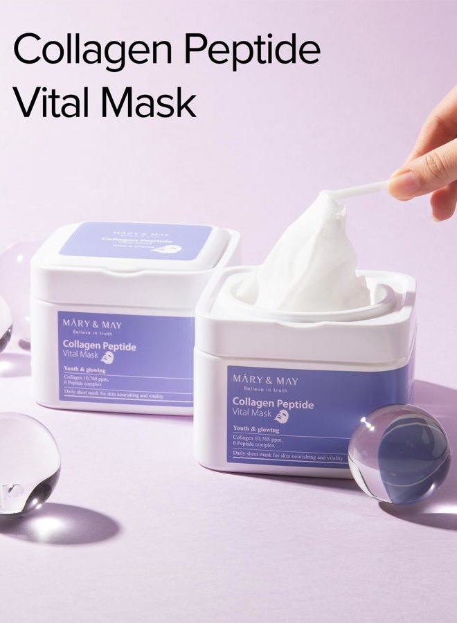 MARY & MAY Collagen Peptide Vital Mask | 30 Sheets | Daily Korean Face Mask | Firming & Wrinkle Care | Pore Minimizing & Elasticity Boost | Collagen & 6 Peptides for Glass Skin - Image 2