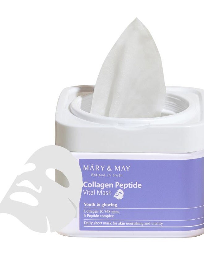 MARY & MAY Collagen Peptide Vital Mask | 30 Sheets | Daily Korean Face Mask | Firming & Wrinkle Care | Pore Minimizing & Elasticity Boost | Collagen & 6 Peptides for Glass Skin - Image 1