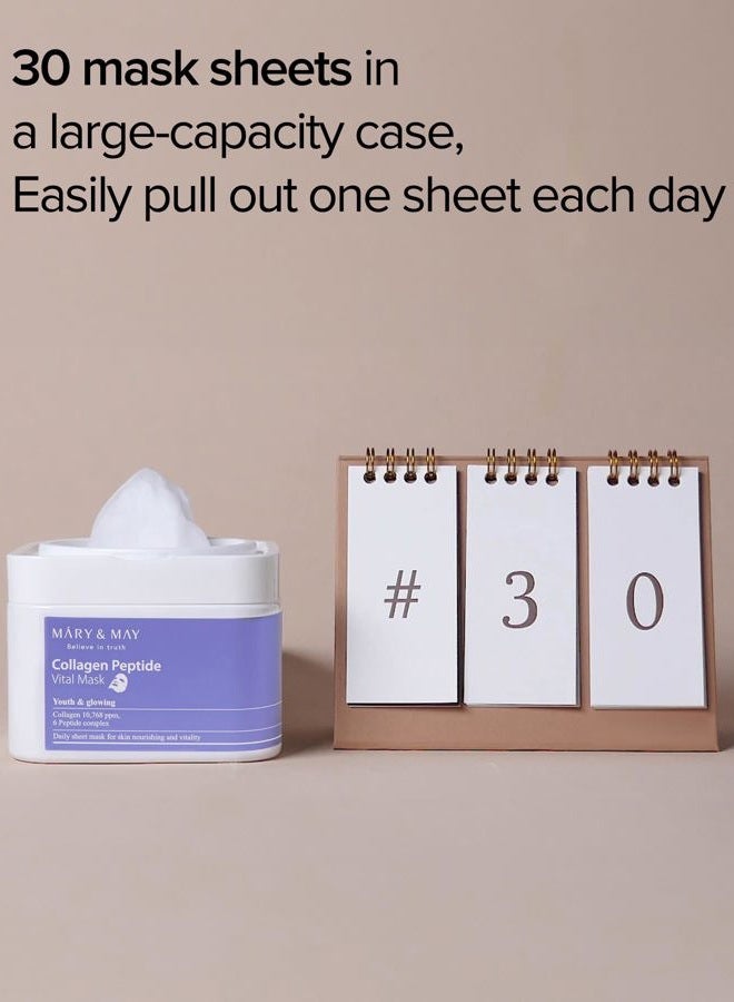 MARY & MAY Collagen Peptide Vital Mask | 30 Sheets | Daily Korean Face Mask | Firming & Wrinkle Care | Pore Minimizing & Elasticity Boost | Collagen & 6 Peptides for Glass Skin - Image 3