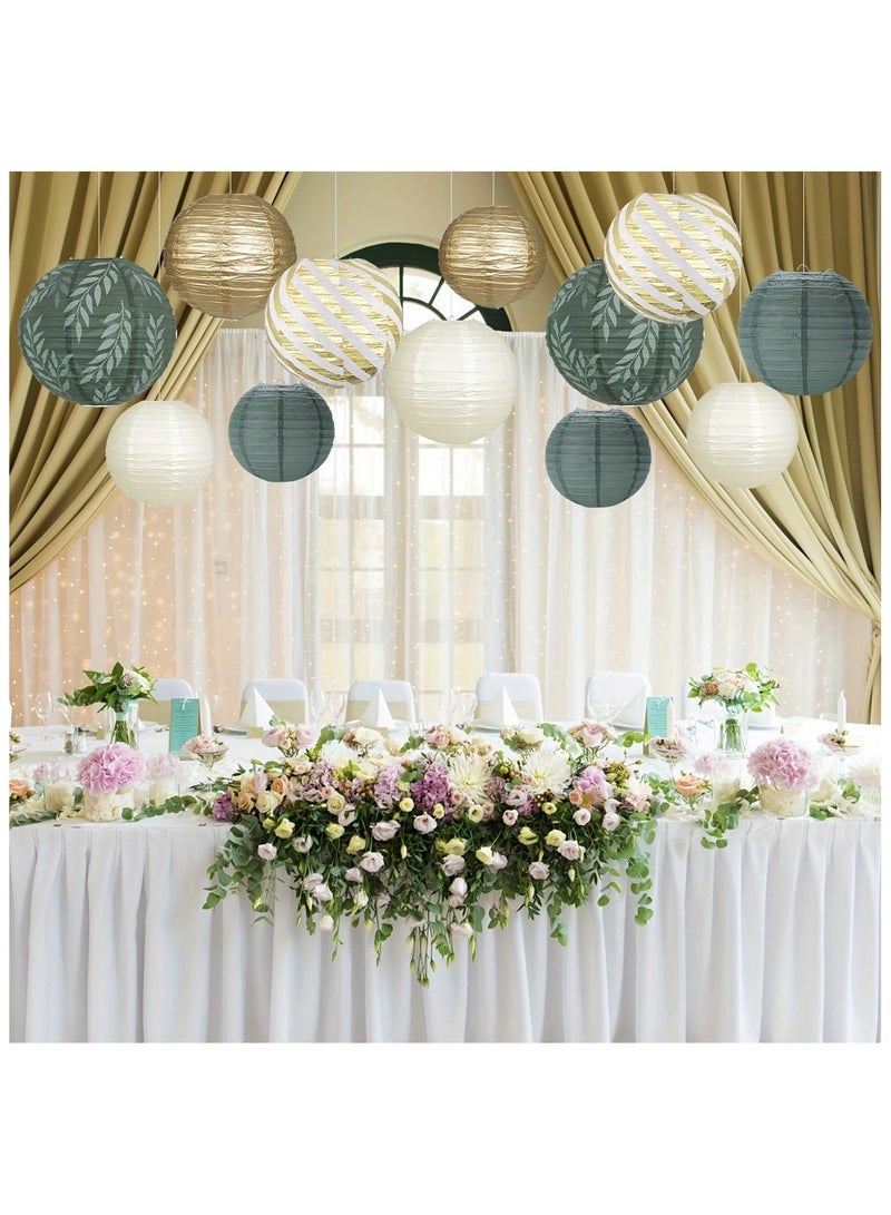 Round Chinese Paper Lantern Decoration 12 Pieces Sage Green Brown Hanging Paper Lantern for Graduation, Birthday, Wedding, Jungle Theme Baby Shower Party Decorations - Image 1
