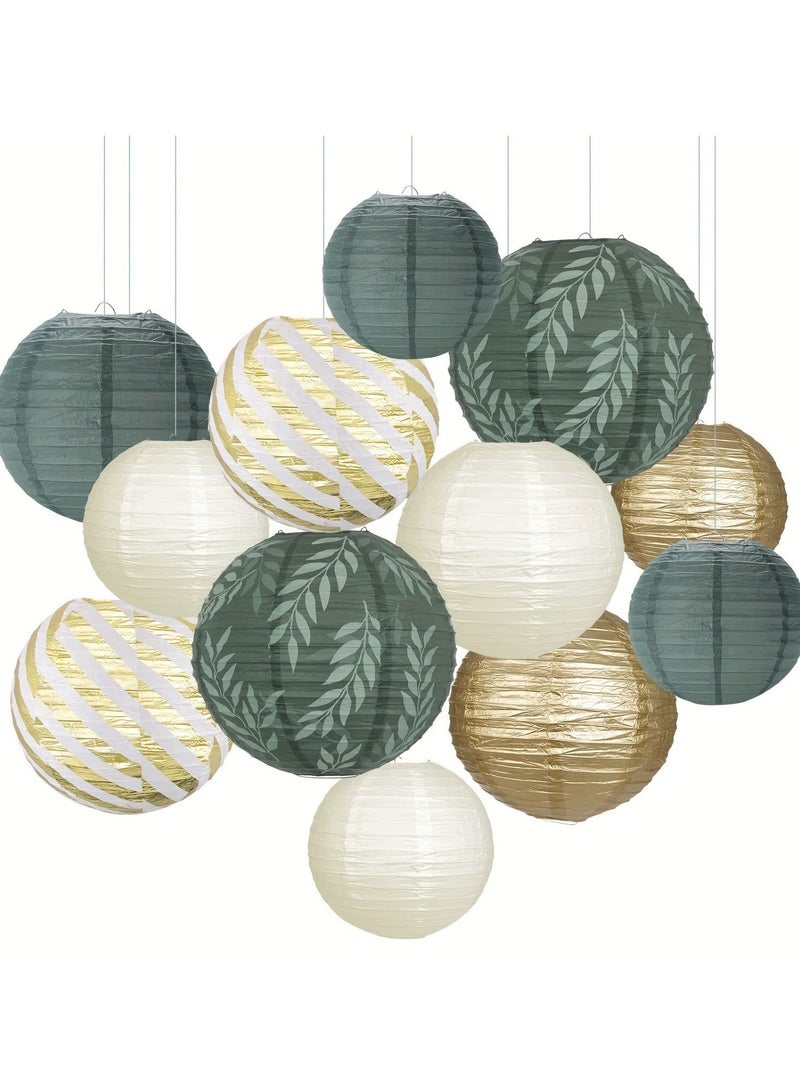 Round Chinese Paper Lantern Decoration 12 Pieces Sage Green Brown Hanging Paper Lantern for Graduation, Birthday, Wedding, Jungle Theme Baby Shower Party Decorations - Image 2