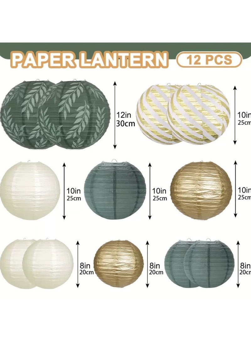 Round Chinese Paper Lantern Decoration 12 Pieces Sage Green Brown Hanging Paper Lantern for Graduation, Birthday, Wedding, Jungle Theme Baby Shower Party Decorations - Image 4