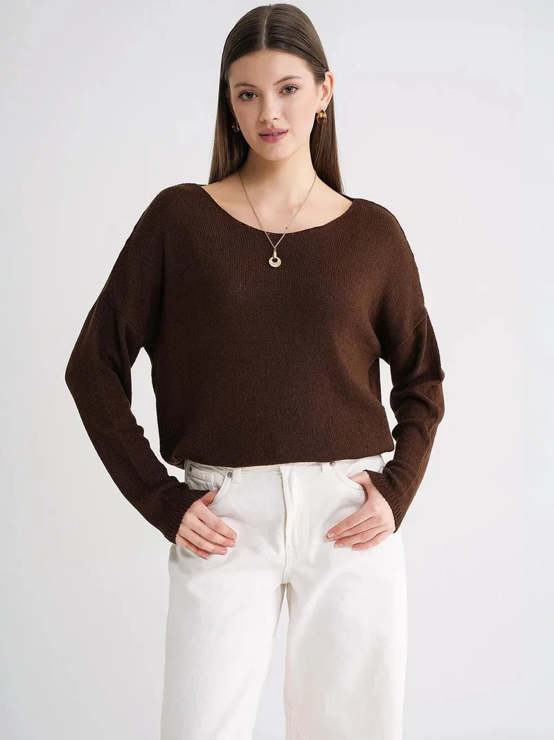 MixRay Coffee Brown Oversized Boat Neck Knit Sweater for Women | Best Price UAE