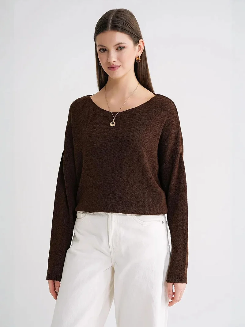 MixRay Coffee Brown Oversized Boat Neck Knit Sweater for Women | Best Price UAE