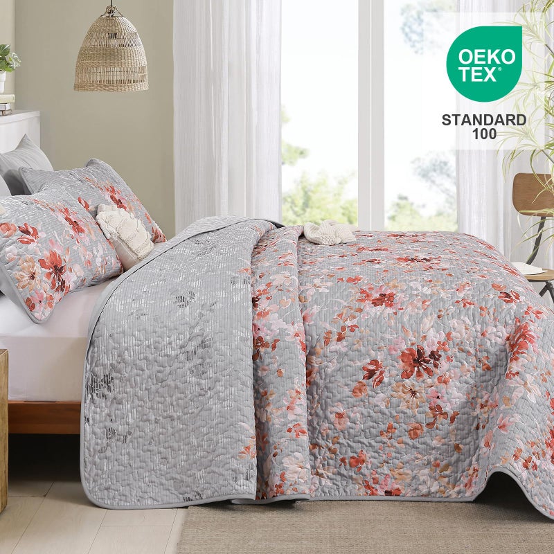 Dobuyly Grey Floral Quilt Set Queen Size, Botanical Flowers Bedspreads Coverlet Set, 3 Pieces Soft Lightweight Microfiber Quilt Bedding Set for All Seasons 96"x90" - Image 3