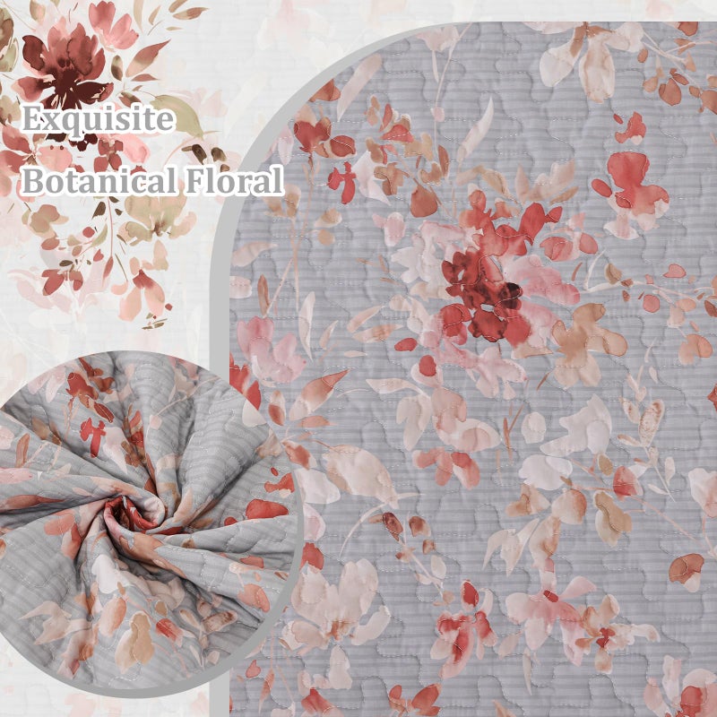 Dobuyly Grey Floral Quilt Set Queen Size, Botanical Flowers Bedspreads Coverlet Set, 3 Pieces Soft Lightweight Microfiber Quilt Bedding Set for All Seasons 96"x90" - Image 5