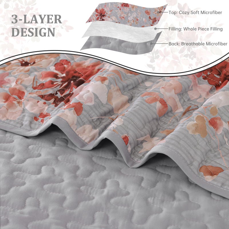 Dobuyly Grey Floral Quilt Set Queen Size, Botanical Flowers Bedspreads Coverlet Set, 3 Pieces Soft Lightweight Microfiber Quilt Bedding Set for All Seasons 96"x90" - Image 4