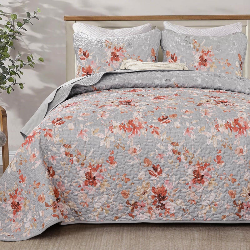 Dobuyly Grey Floral Quilt Set Queen Size, Botanical Flowers Bedspreads Coverlet Set, 3 Pieces Soft Lightweight Microfiber Quilt Bedding Set for All Seasons 96"x90" - Image 1