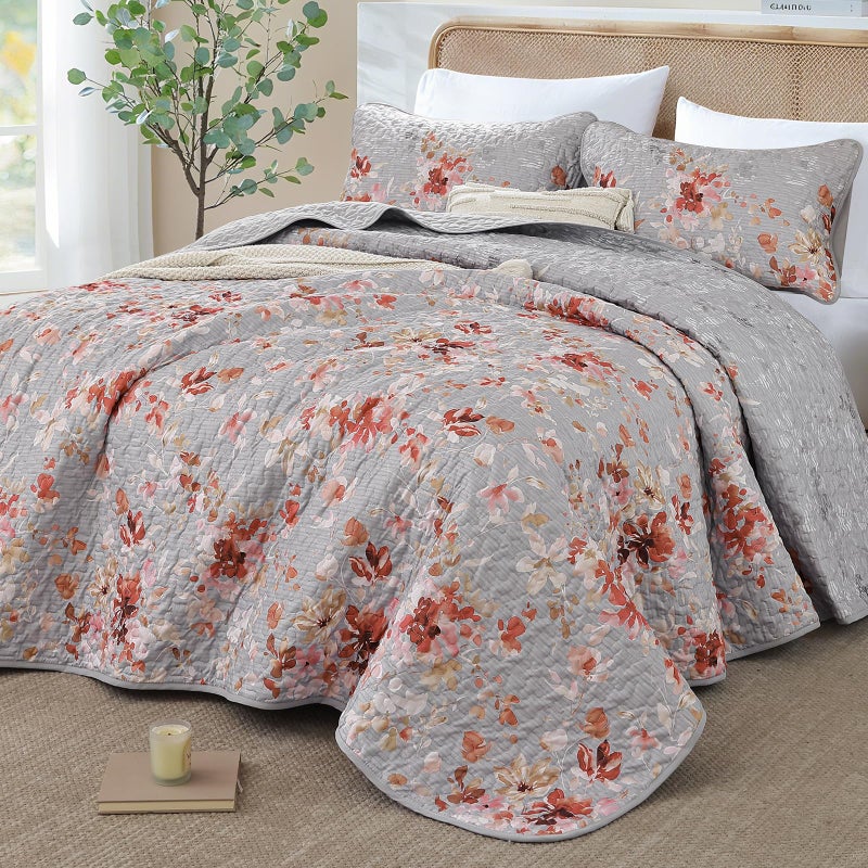 Dobuyly Grey Floral Quilt Set Queen Size, Botanical Flowers Bedspreads Coverlet Set, 3 Pieces Soft Lightweight Microfiber Quilt Bedding Set for All Seasons 96"x90" - Image 2
