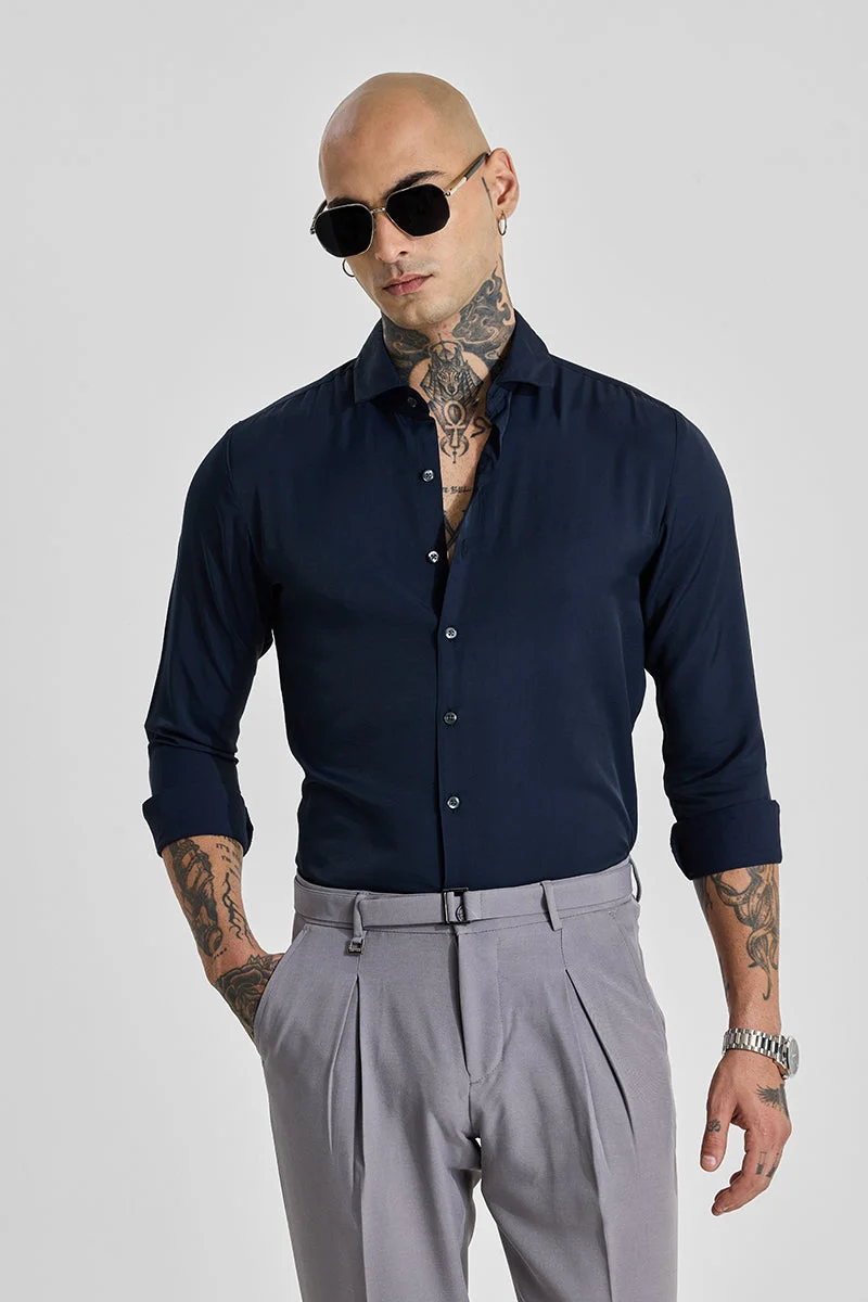 SNITCH Navy Solid Slim Fit Shirt