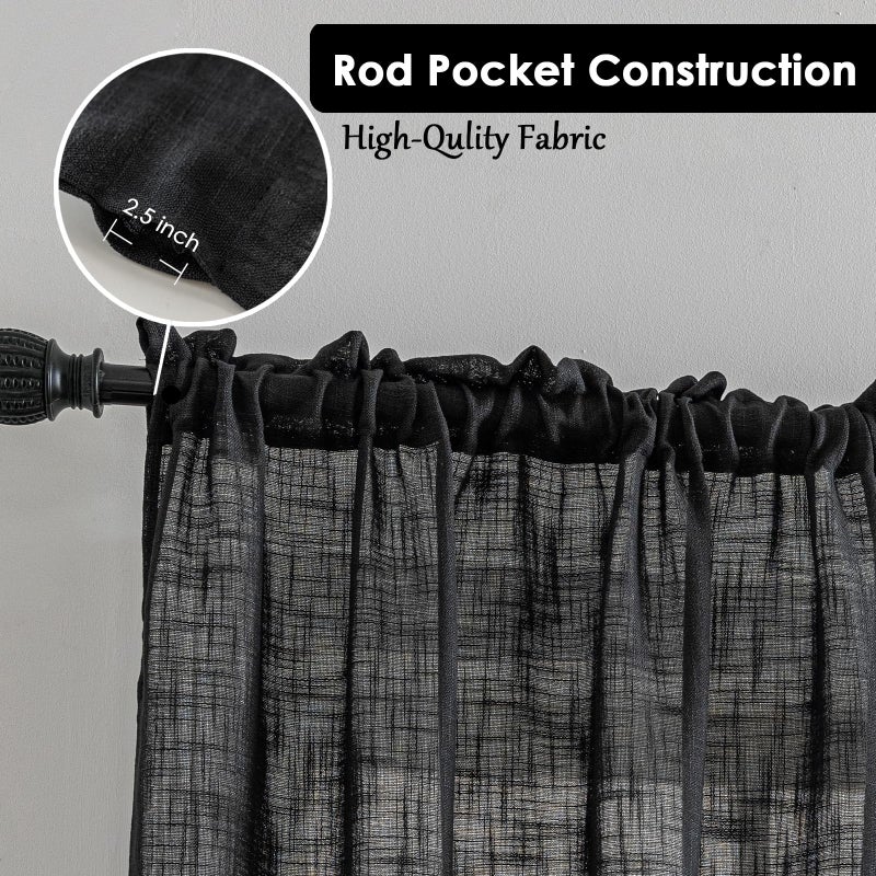BD BEDA HOME Beda Home Tassel Linen Textured Swag Curtain Valance for Farmhousesâ€™ Kitchen; Light Filtering Rustic Short Swag Topper for Small Windows Bedroom Privacy Added Rod Pocket Design (Black 36x36-2PCs) - Image 2