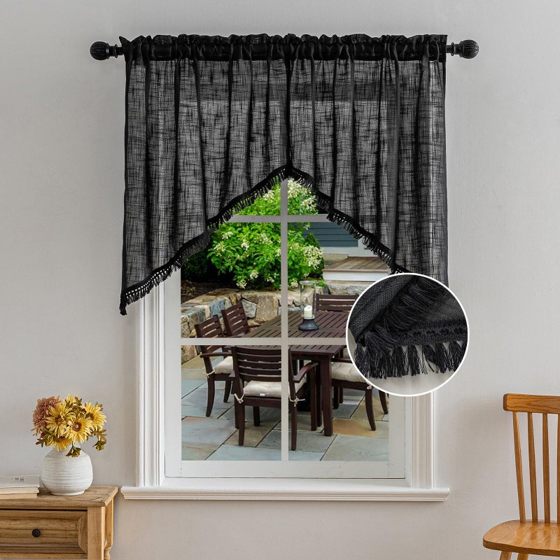 BD BEDA HOME Beda Home Tassel Linen Textured Swag Curtain Valance for Farmhousesâ€™ Kitchen; Light Filtering Rustic Short Swag Topper for Small Windows Bedroom Privacy Added Rod Pocket Design (Black 36x36-2PCs) - Image 1