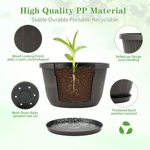 Quarut 10 inch Plastic Flower Pots for Outdoor Plants，4 Pack Large Outdoor Planter Pot with Drainage Holes & Saucers，Imitation Wine Barrel Design，for Indoor Outdoor Garden Plants（Brown） - Image 2