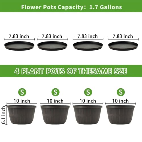 Quarut 10 inch Plastic Flower Pots for Outdoor Plants，4 Pack Large Outdoor Planter Pot with Drainage Holes & Saucers，Imitation Wine Barrel Design，for Indoor Outdoor Garden Plants（Brown） - Image 4