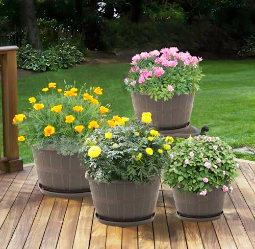 Quarut 10 inch Plastic Flower Pots for Outdoor Plants，4 Pack Large Outdoor Planter Pot with Drainage Holes & Saucers，Imitation Wine Barrel Design，for Indoor Outdoor Garden Plants（Brown） - Image 5