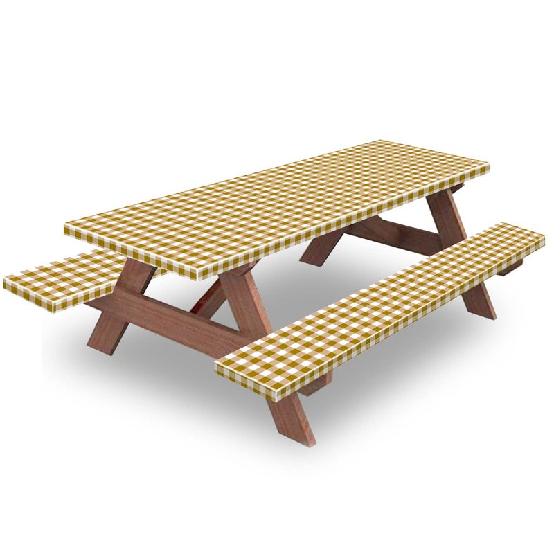 KENOBEE 8ft Picnic Table and Bench Cover Camping Essentials RV Gear 96 in Waterproof Windproof Outdoor Elastic All Around Tablecloth Fitted Rectangle Tables and Seats CoffeeWhite Checkered