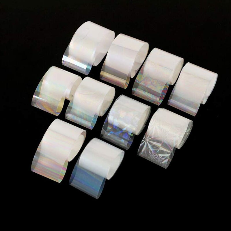 WOKOTO 10 Rolls White Pearl Color Holographic Nail Art Foil Transfer Roll Set Mix-Pattern Stickers Nails Transfer Decals Wraps Kit(1.0inchs*39.4inchs / 2.5cm*100cm) - Image 4