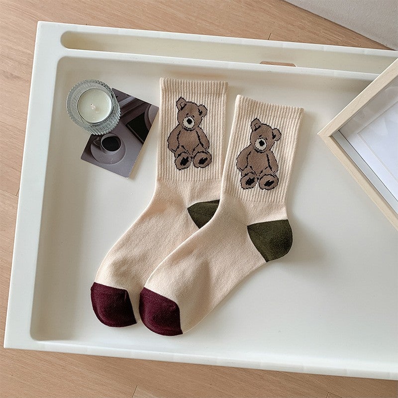 American College Style Cartoon Bear Mid-Calf Socks for Women Big bear  - Image 1