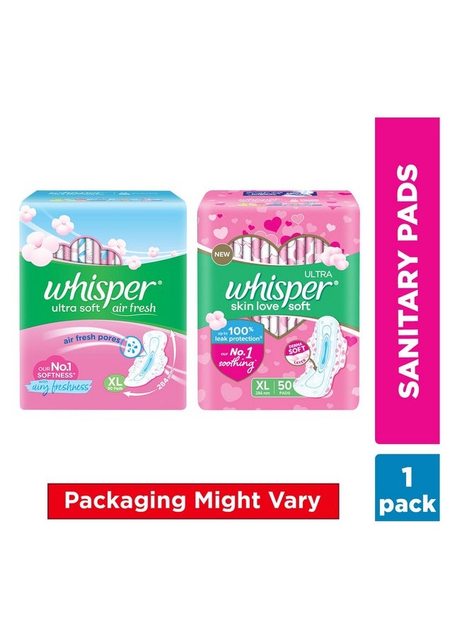 Whisper - Ultra Skin Love Soft Sanitary Pads, 50 Xl Pads, Cottony Soft, Our 1 Softness, Irritation Free, For Intimate Skin, Disposable Wrapper - Image 1