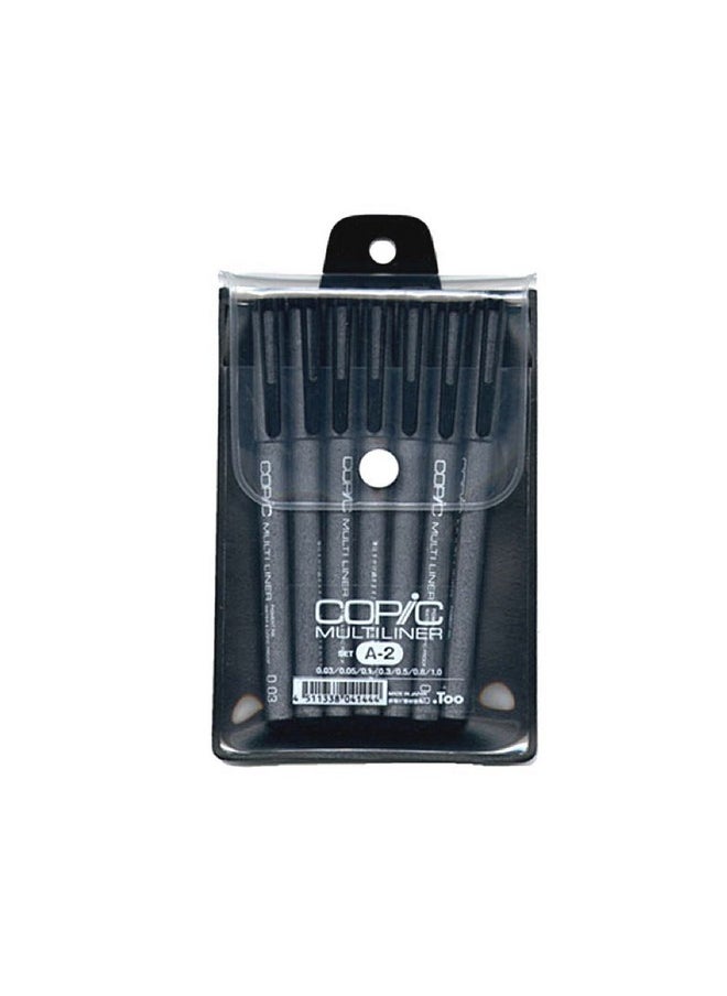 COPIC Multiliner Waterproof Pigment Ink Pens Set A2, Pack Of 7, Black Ink (Mla2) 
